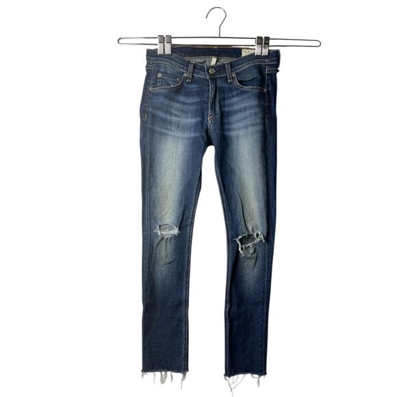Rag & Bone Cropped‎ Skinny Jeans Size 27 Raw Hem Distressed Destroyed Knee Denim - Picture 1 of 8